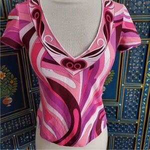 Emilio Pucci Pink V Neck Short Sleeve Cotton Stretch Top Women's Size Small